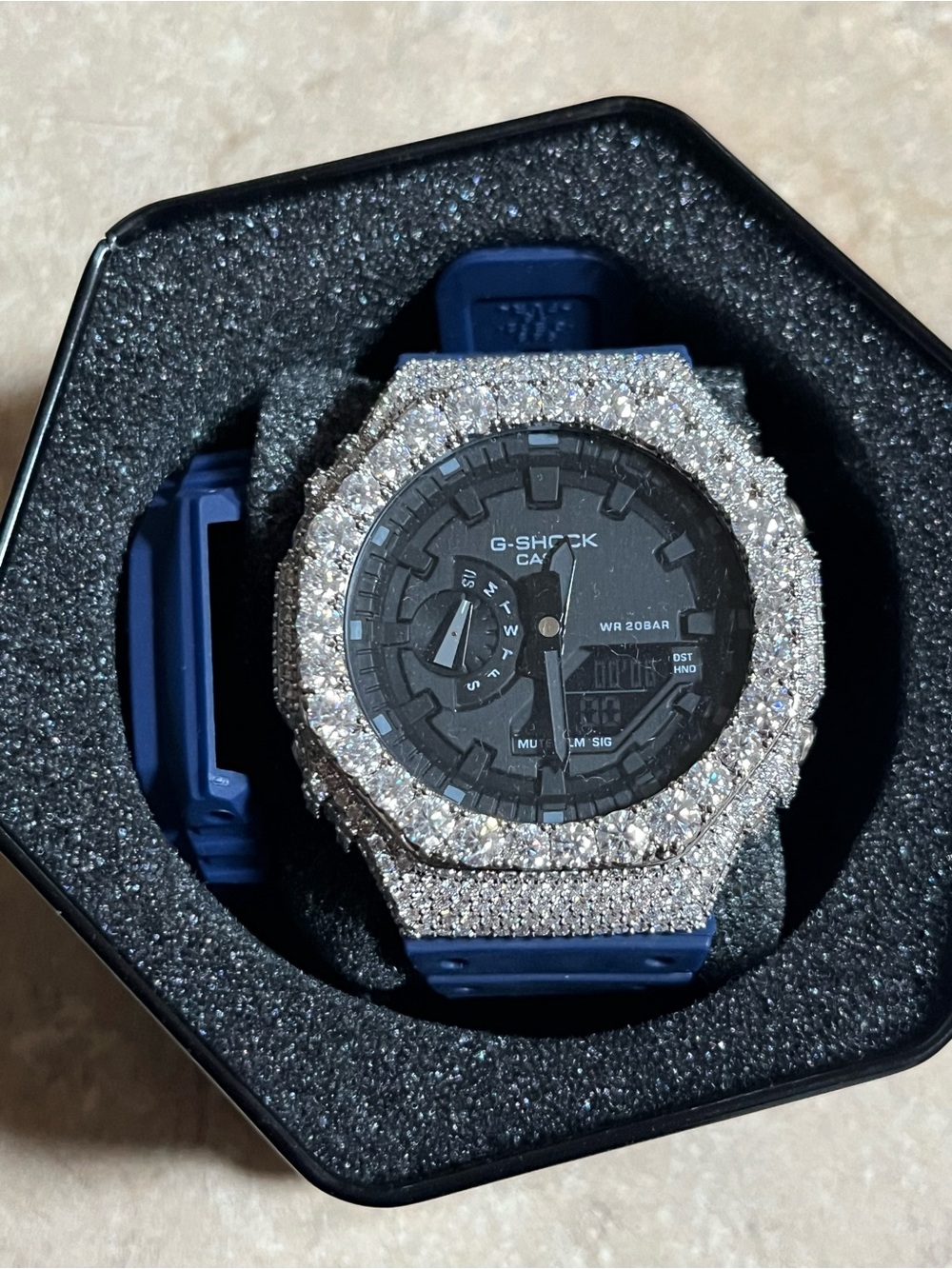 Casio Black Dial Watch with Blue Resin Strap and Crystal Bezel